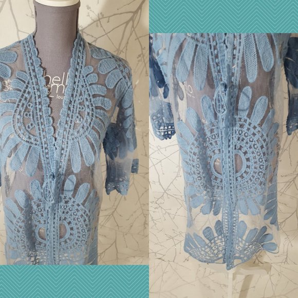Forgotten Grace Blue Floral Embroidered Lace Open Front Long Cardigan - Picture 2 of 4